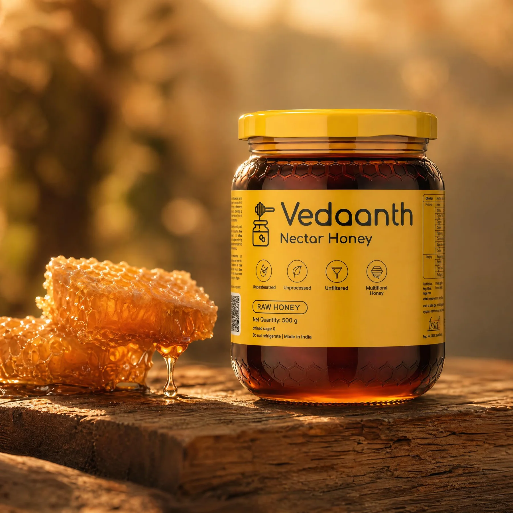 Vedaanth raw honey beside fresh honeycomb